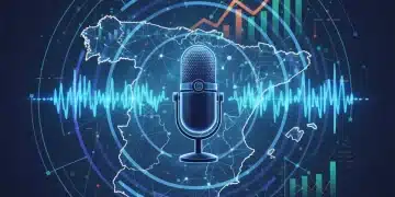 Micrófono de podcast con ondas de sonido sobre un mapa de España, simbolizando el crecimiento del podcast periodístico.
