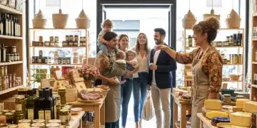 Propietario de tienda local sonriendo a clientes satisfechos en un negocio español.