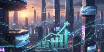Paisaje urbano futurista con anuncios digitales luminosos que representan la publicidad programática en España en 2026.