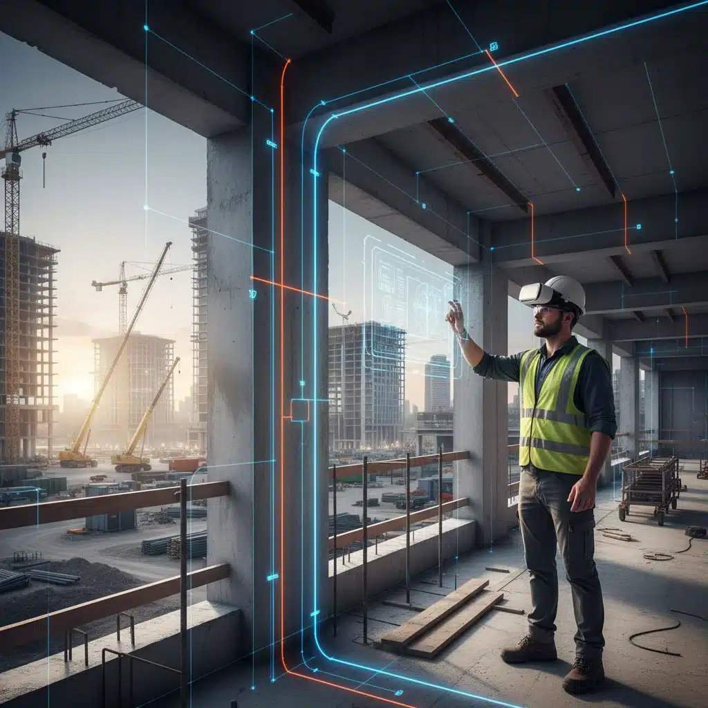 Trabajador utilizando realidad aumentada para superponer un gemelo digital en una obra de construcción, guiando la instalación.