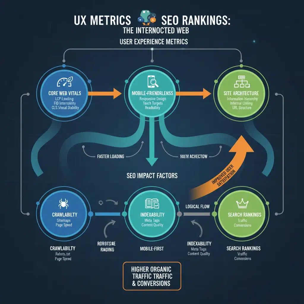 Infografía detallada sobre la relación simbiótica entre la experiencia del usuario (UX) y el posicionamiento SEO.