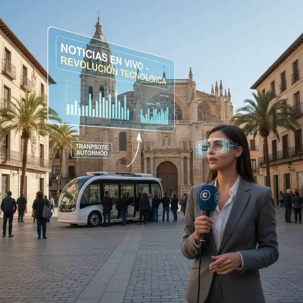 Reportero utilizando realidad aumentada para enriquecer una escena de noticias en directo en España.