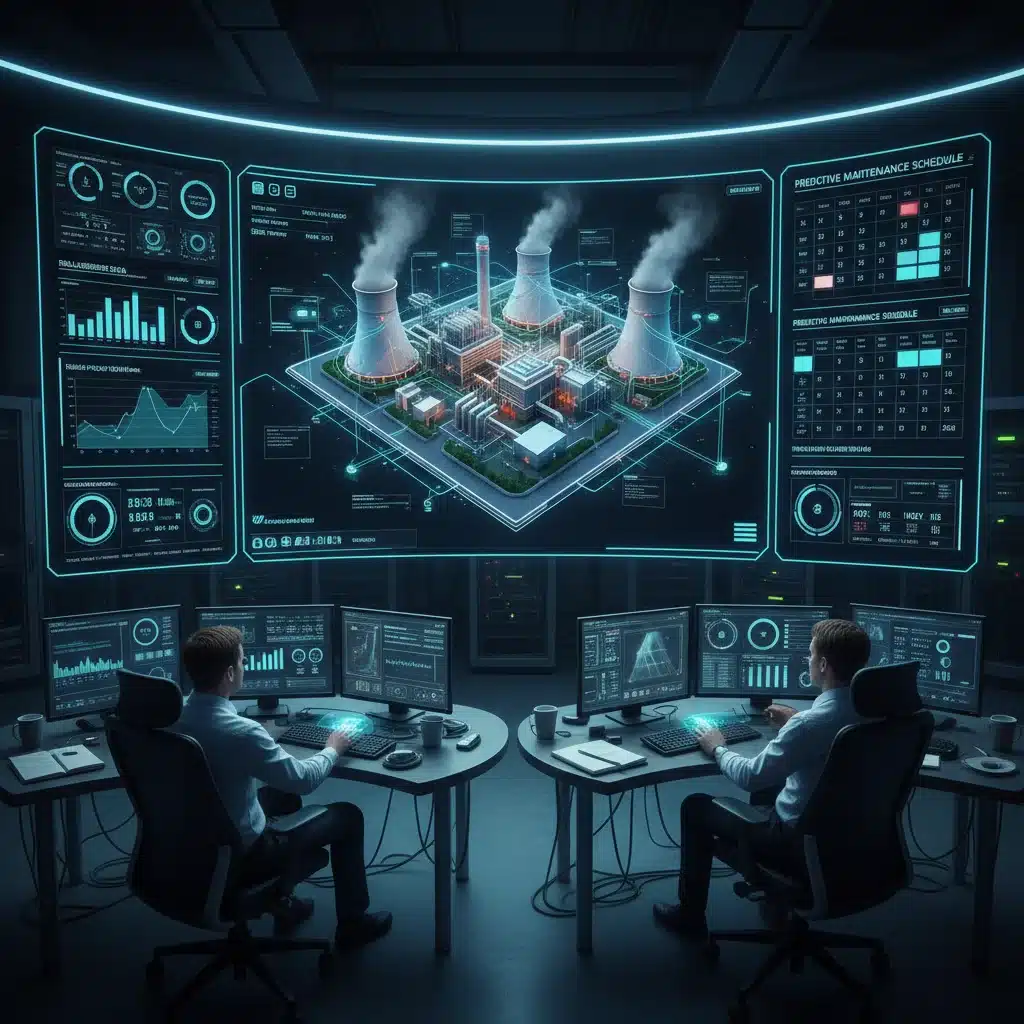 Sala de control con pantallas mostrando datos de un gemelo digital de una planta energética, con operadores analizando métricas.