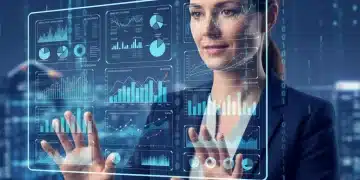 Persona analizando un panel de control digital con gráficos y métricas para tomar decisiones de negocio.
