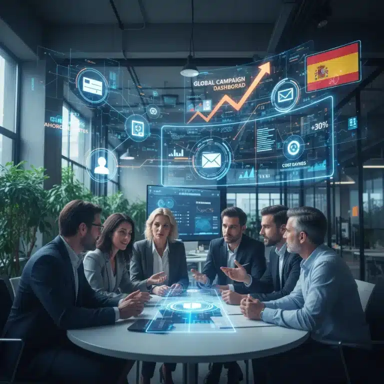 Representación visual de la automatización del marketing B2B y sus beneficios para empresas españolas, con elementos digitales y equipo colaborando.