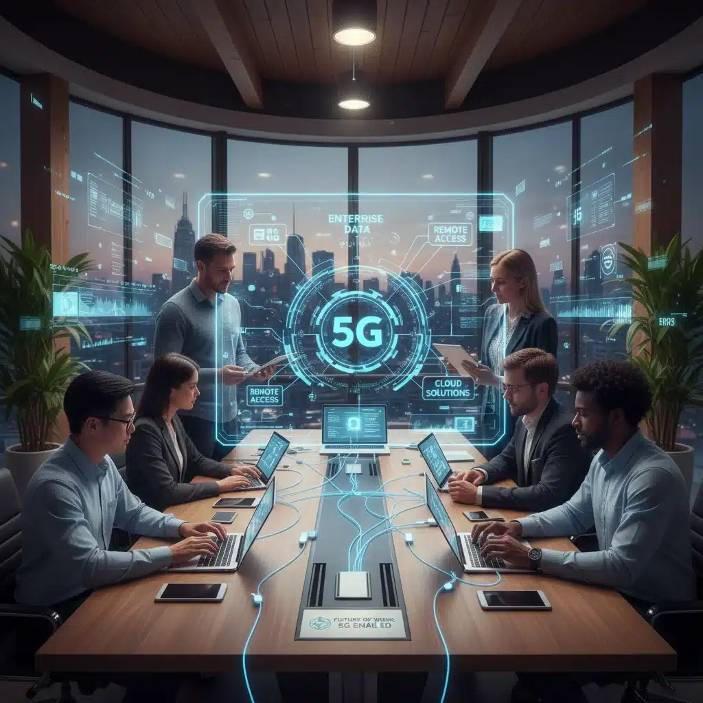 Profesionales colaborando en una oficina moderna, utilizando tecnología 5G para trabajo remoto y eficiencia empresarial.
