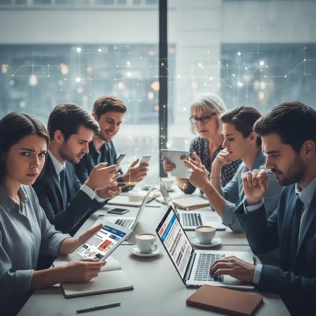 Diversas personas consumiendo noticias en dispositivos, reflejando impacto algorítmico