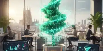 Planta verde vibrante simbolizando el contenido evergreen con gráficos digitales de crecimiento y laptop mostrando analíticas.
