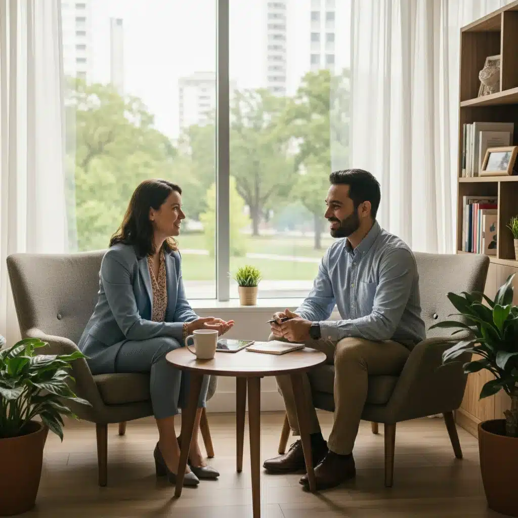 Gerente y empleado en conversación uno a uno, demostrando comunicación abierta y apoyo mutuo.