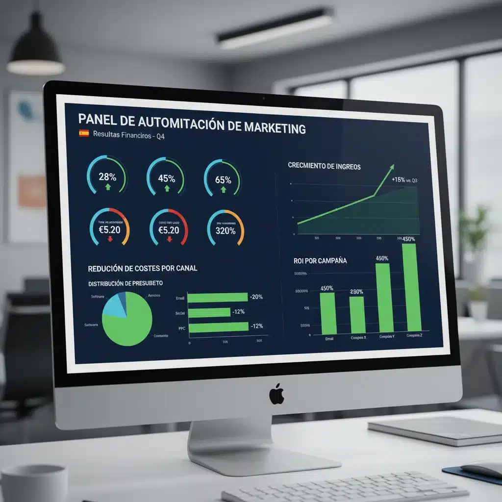 Panel de control digital mostrando KPIs de marketing automatizado, incluyendo tasas de conversión y reducción de costes, en un entorno empresarial español.