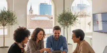 Empleados satisfechos colaborando en un entorno de negocio local en España, símbolo de retención de talento.