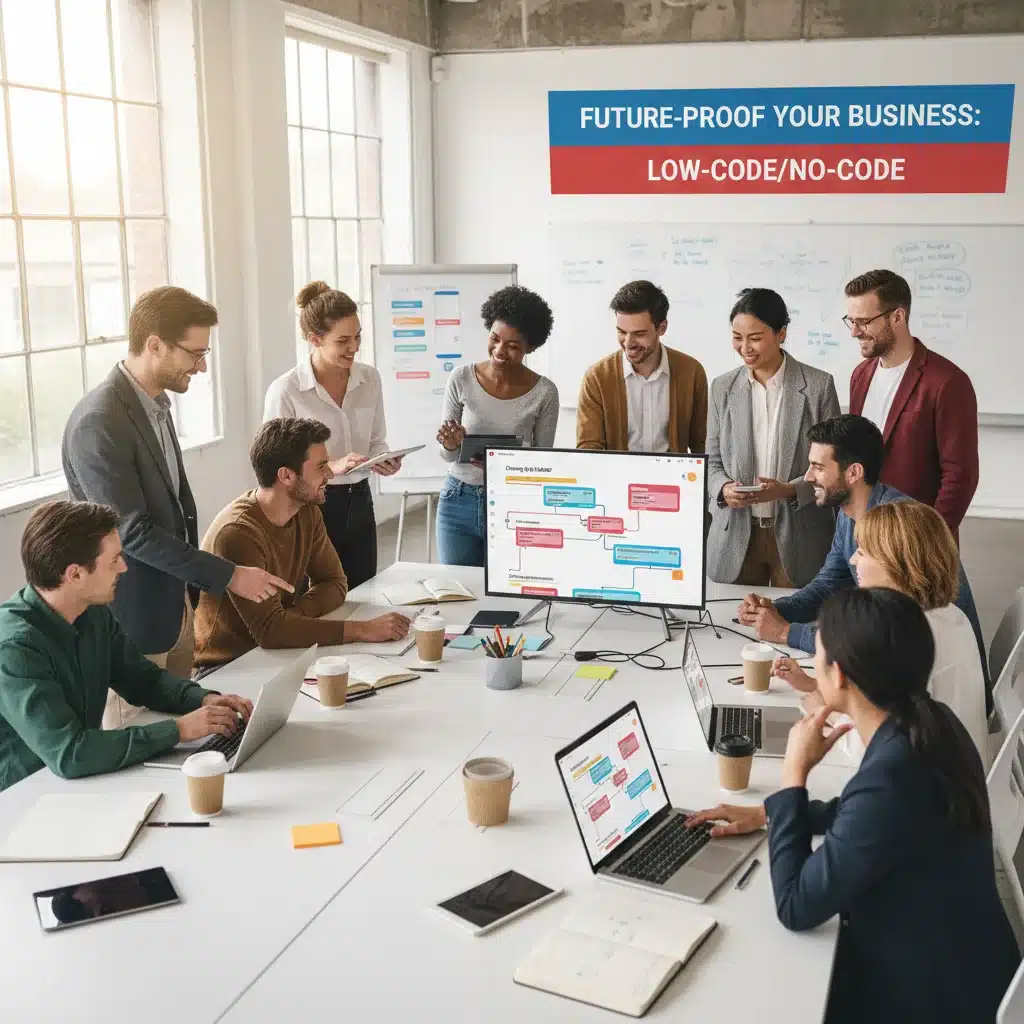 Equipo colaborando en plataforma Low-Code, mejorando la eficiencia del desarrollo.