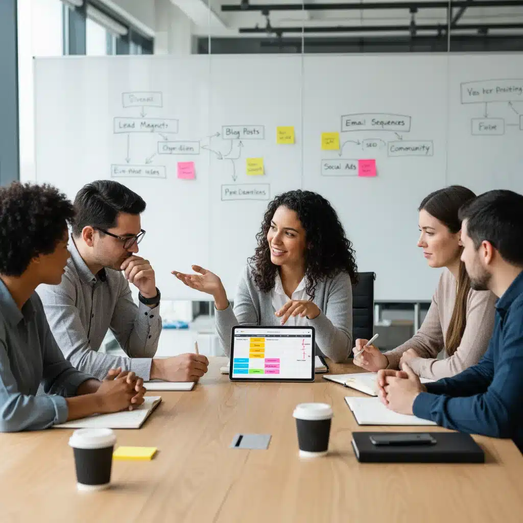 Equipo de marketing colaborando alrededor de una mesa, planificando la distribución de contenido y la nutrición de leads.
