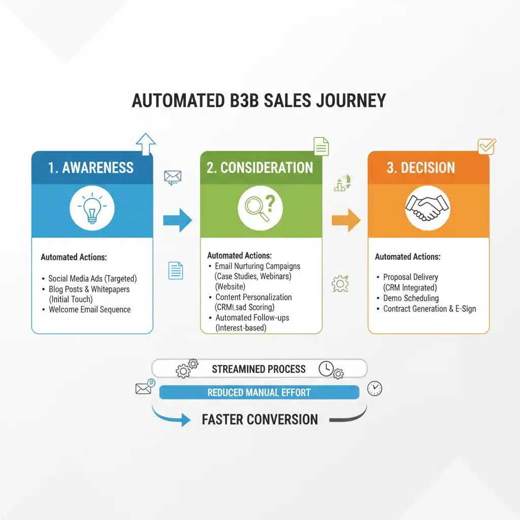 Infografía detallada del embudo de ventas B2B con puntos de automatización de marketing que muestran la eficiencia del proceso.