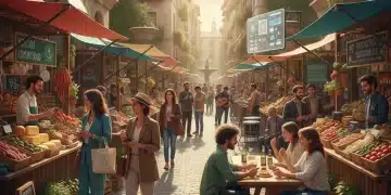 Mercado local vibrante en España, reflejando las tendencias de consumo post-2025