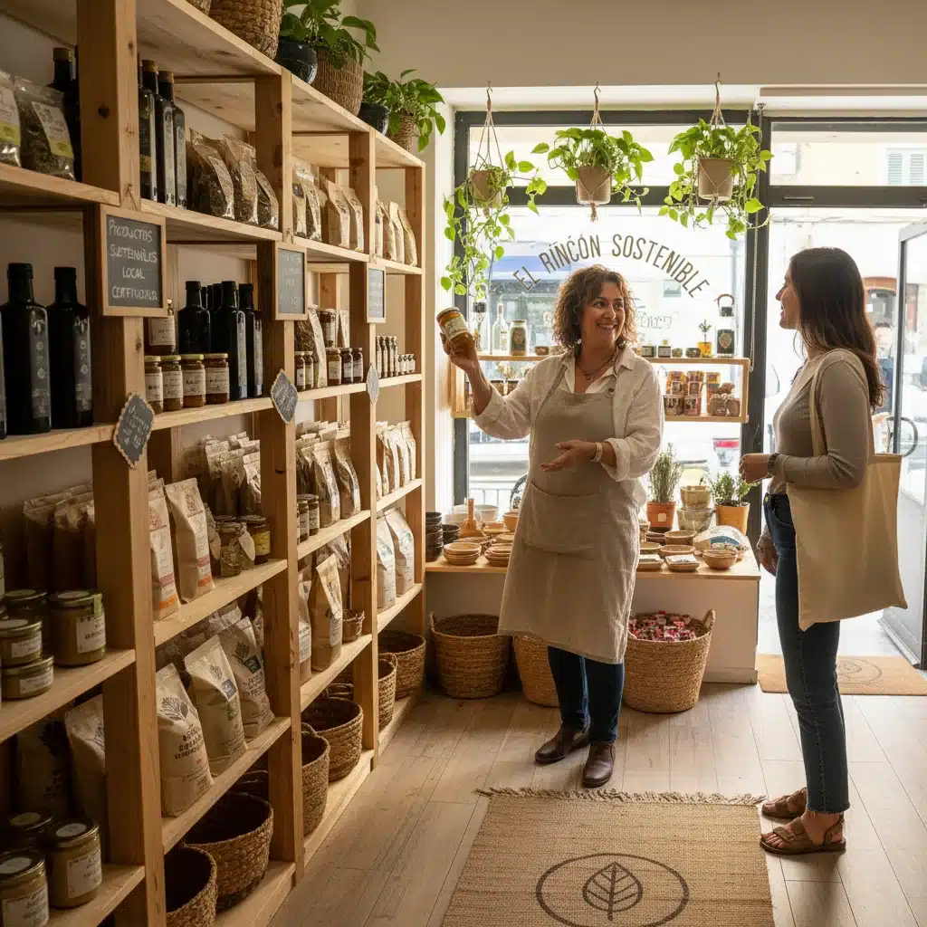 Propietario de tienda local española ofreciendo productos sostenibles y de proximidad