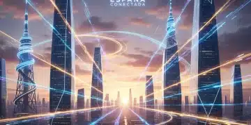 Paisaje urbano futurista con torres 5G y flujos de datos, representando la conectividad avanzada y la innovación tecnológica en España.