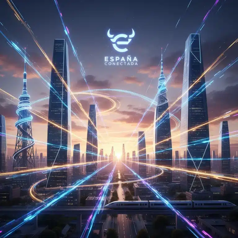 Paisaje urbano futurista con torres 5G y flujos de datos, representando la conectividad avanzada y la innovación tecnológica en España.
