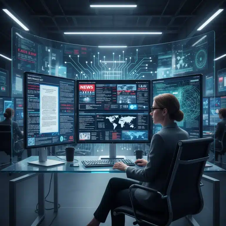 Periodista español analizando la nueva regulación de plataformas digitales de 2026 en un entorno de noticias digital.
