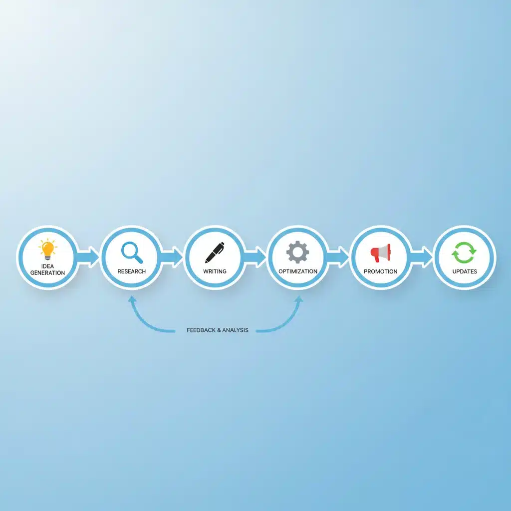 Diagrama de flujo del proceso de creación de contenido evergreen desde la ideación hasta la optimización y actualización.