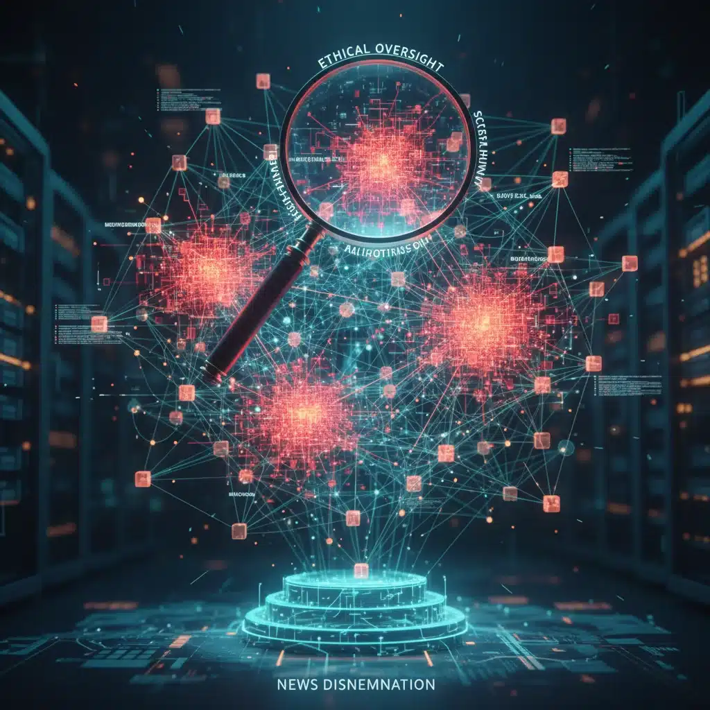 Red compleja de algoritmos y flujo de datos con nodos de desinformación