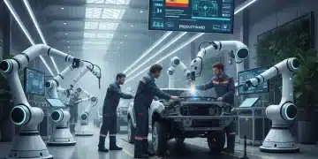 Robots colaborativos y operarios trabajando juntos en una fábrica española moderna