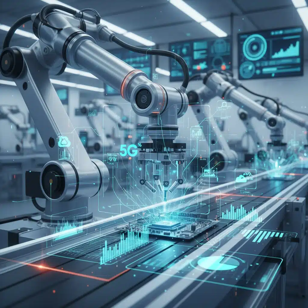 Brazo robótico industrial con datos de red superpuestos, simbolizando la automatización y el IoT en la fabricación inteligente con 5G.