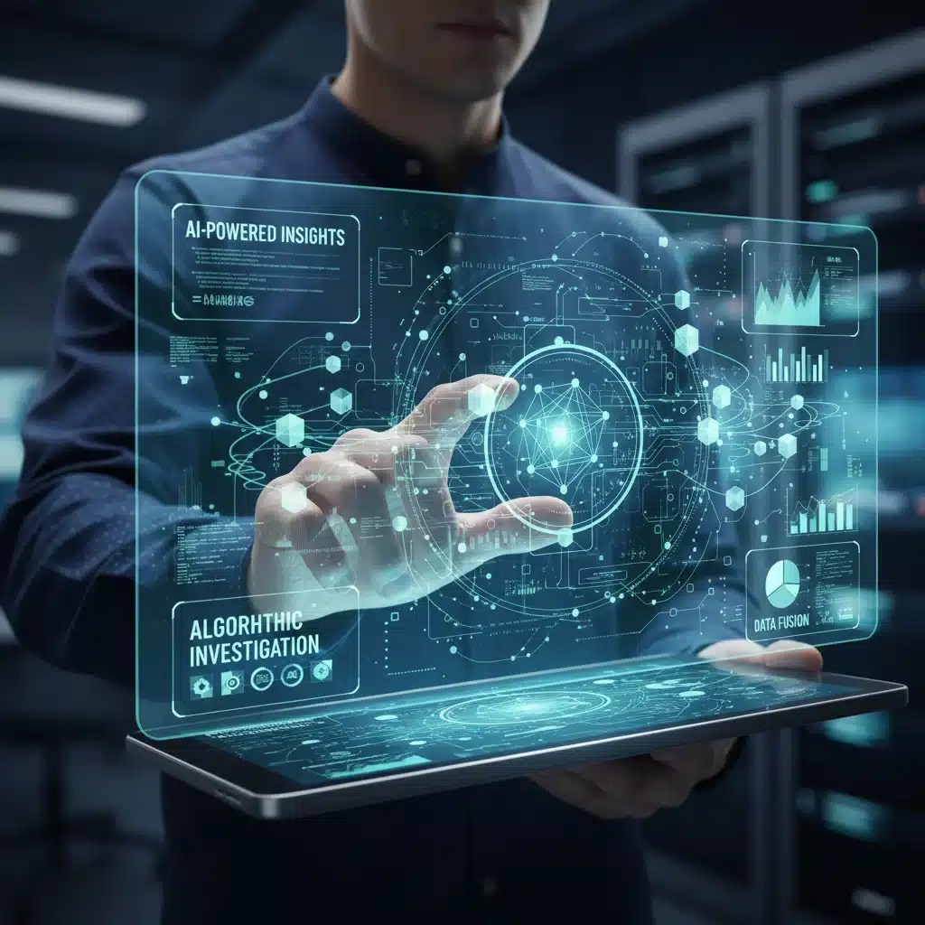 Mano de periodista usando una pantalla holográfica para análisis de datos complejos con IA.