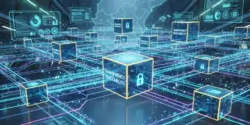 Red de cadena de suministro española con tecnología blockchain, simbolizando trazabilidad y seguridad de datos.