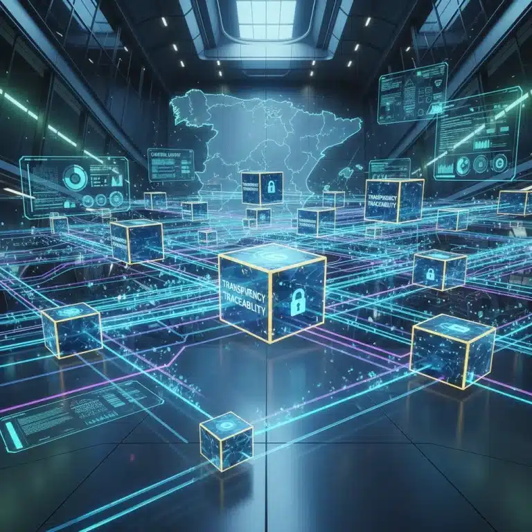 Red de cadena de suministro española con tecnología blockchain, simbolizando trazabilidad y seguridad de datos.