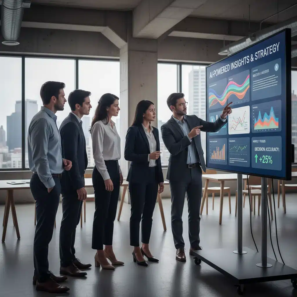 Profesionales empresariales colaborando con informes generados por IA para optimizar decisiones
