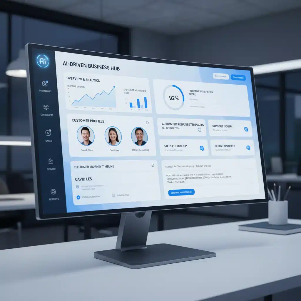 Panel de control de CRM con IA mostrando análisis de clientes y automatización