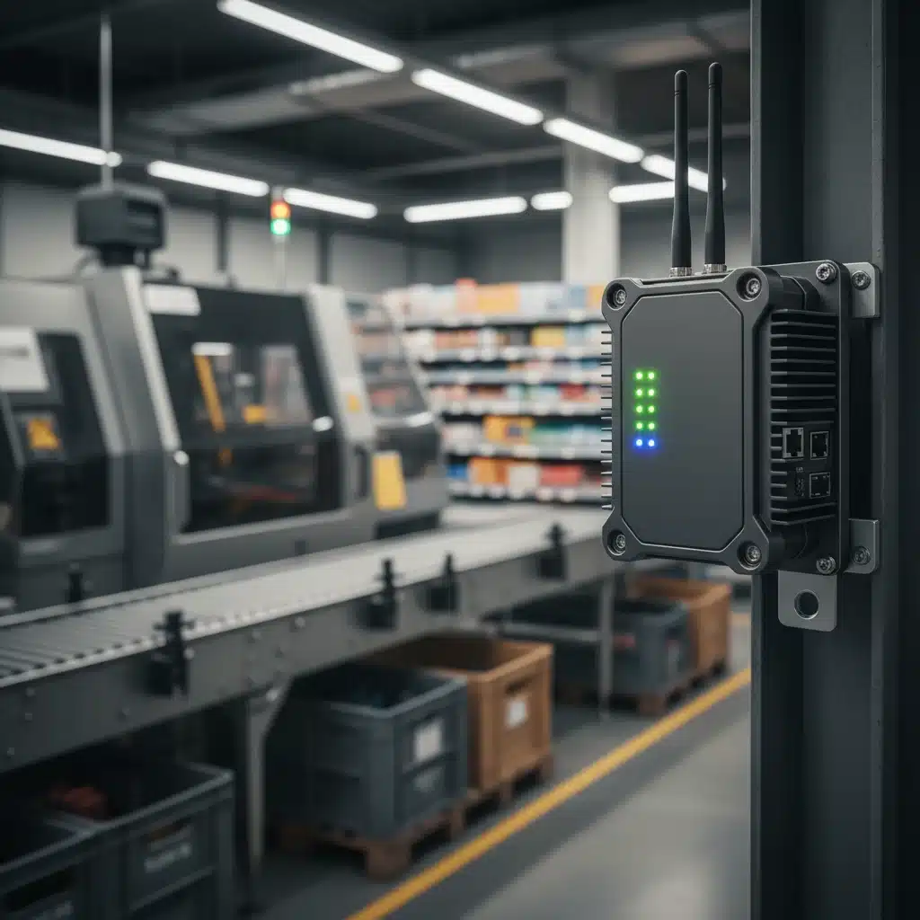 Dispositivo compacto de Edge Computing procesando datos en un entorno industrial o comercial.