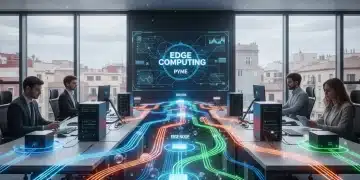 Edge Computing para PYMES Españolas: Optimiza Datos y Mejora la Eficiencia 25% Oficina moderna de PYME española con red digital que representa la optimización de datos con Edge Computing.