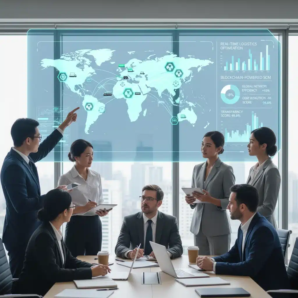 Equipo de profesionales analizando datos de la cadena de suministro en un panel de control con tecnología blockchain.