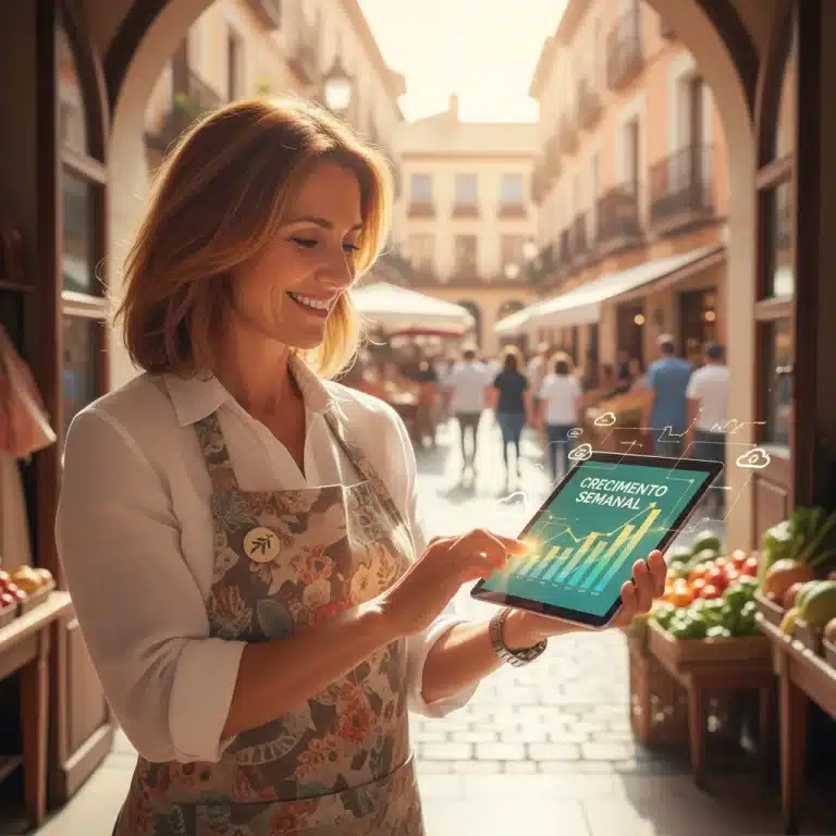 Emprendedor local español celebrando el éxito de su estrategia de marketing digital
