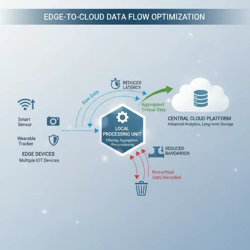 Infografía del flujo de datos en Edge Computing desde dispositivos IoT a la nube, destacando la reducción de latencia.