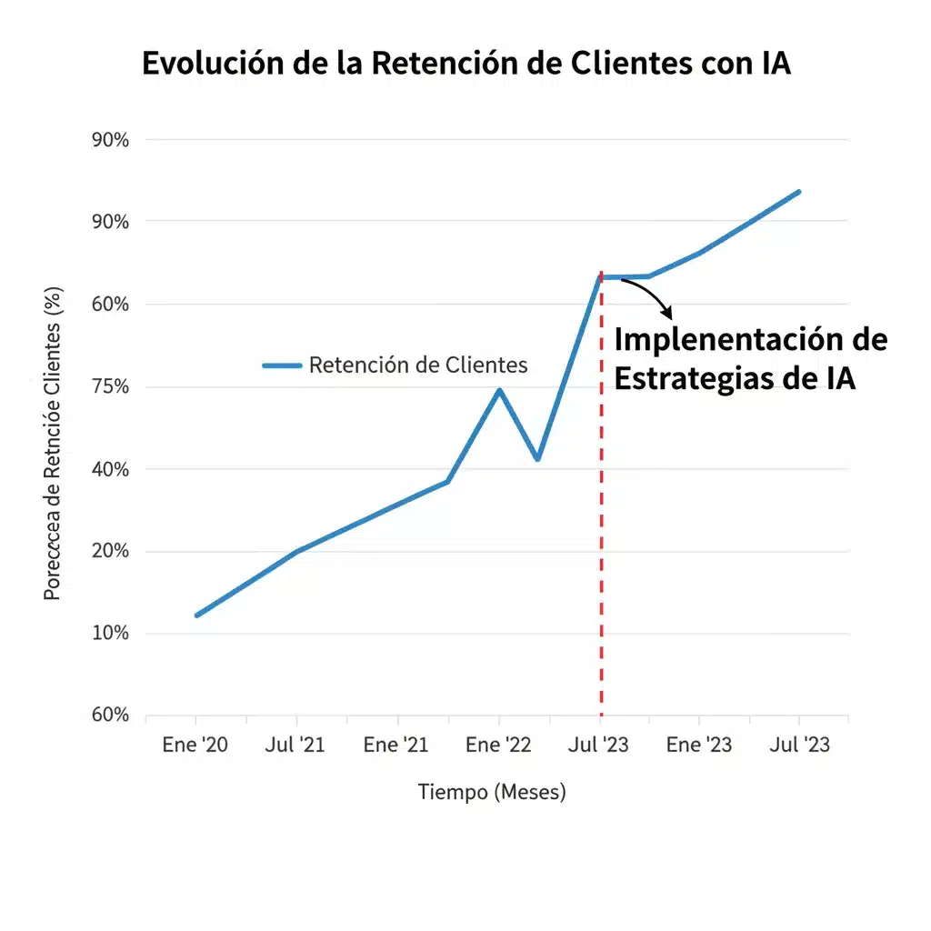 Gráfico que muestra un aumento significativo en la retención de clientes tras la implementación de estrategias de IA.