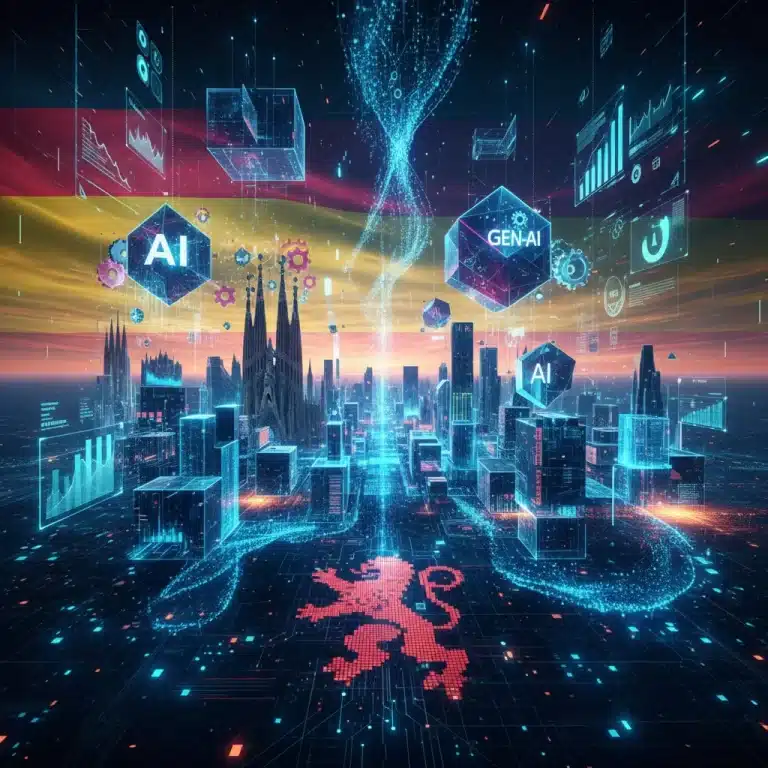 Paisaje digital futurista de España con elementos de IA generativa y ahorro de costos