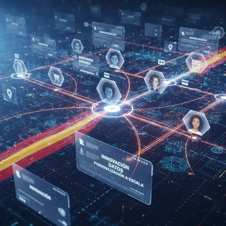 Red neuronal digital conectando perfiles de clientes, simbolizando la personalización a escala con IA para la retención en España.