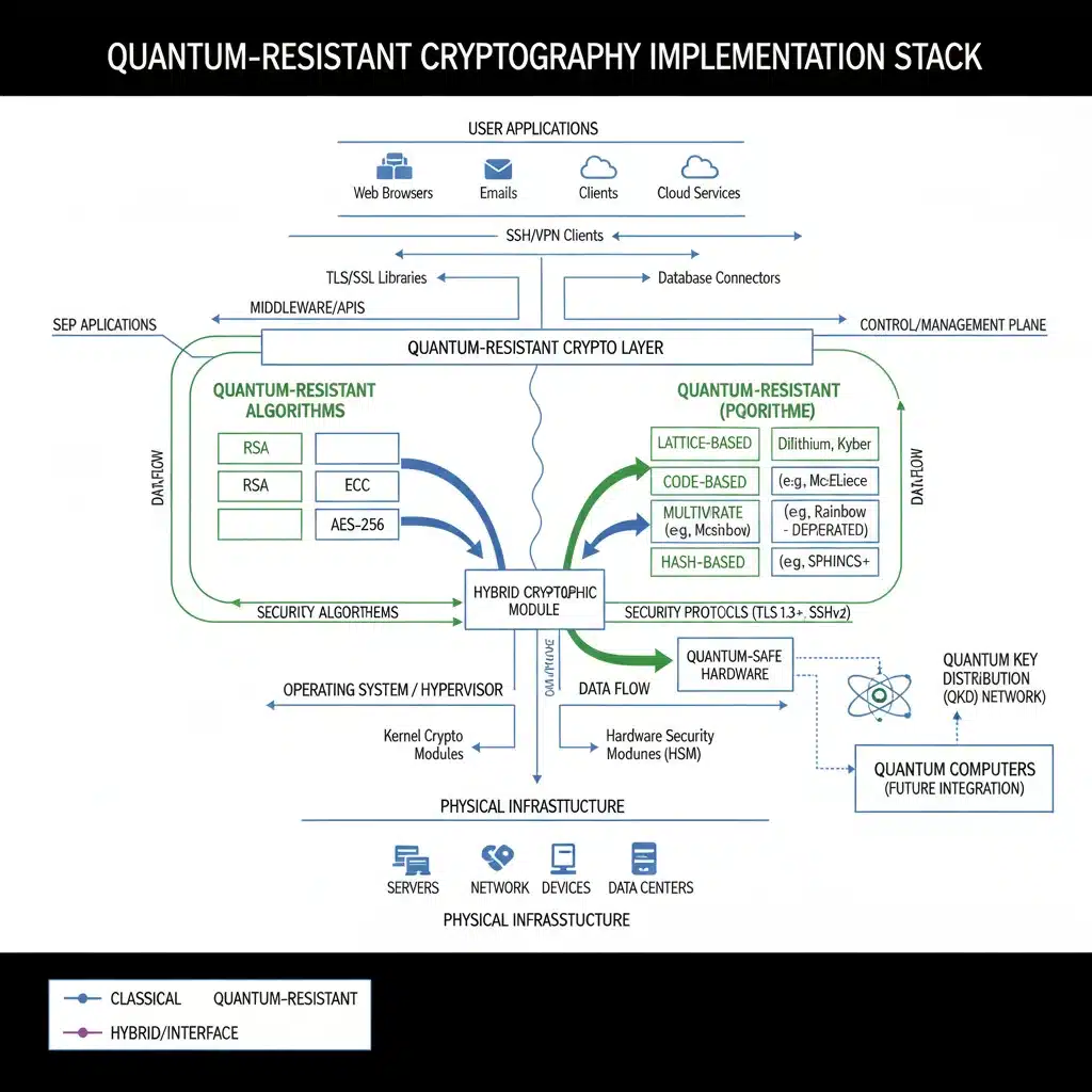 Diagrama de implementación de criptografía post-cuántica en infraestructuras IT
