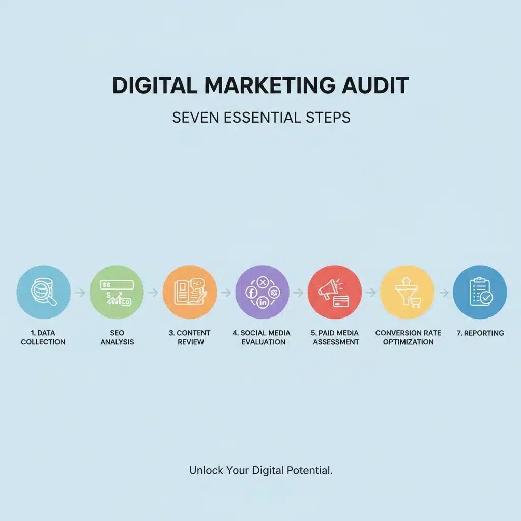 Infografía de los 7 pasos clave para una auditoría de marketing digital efectiva.