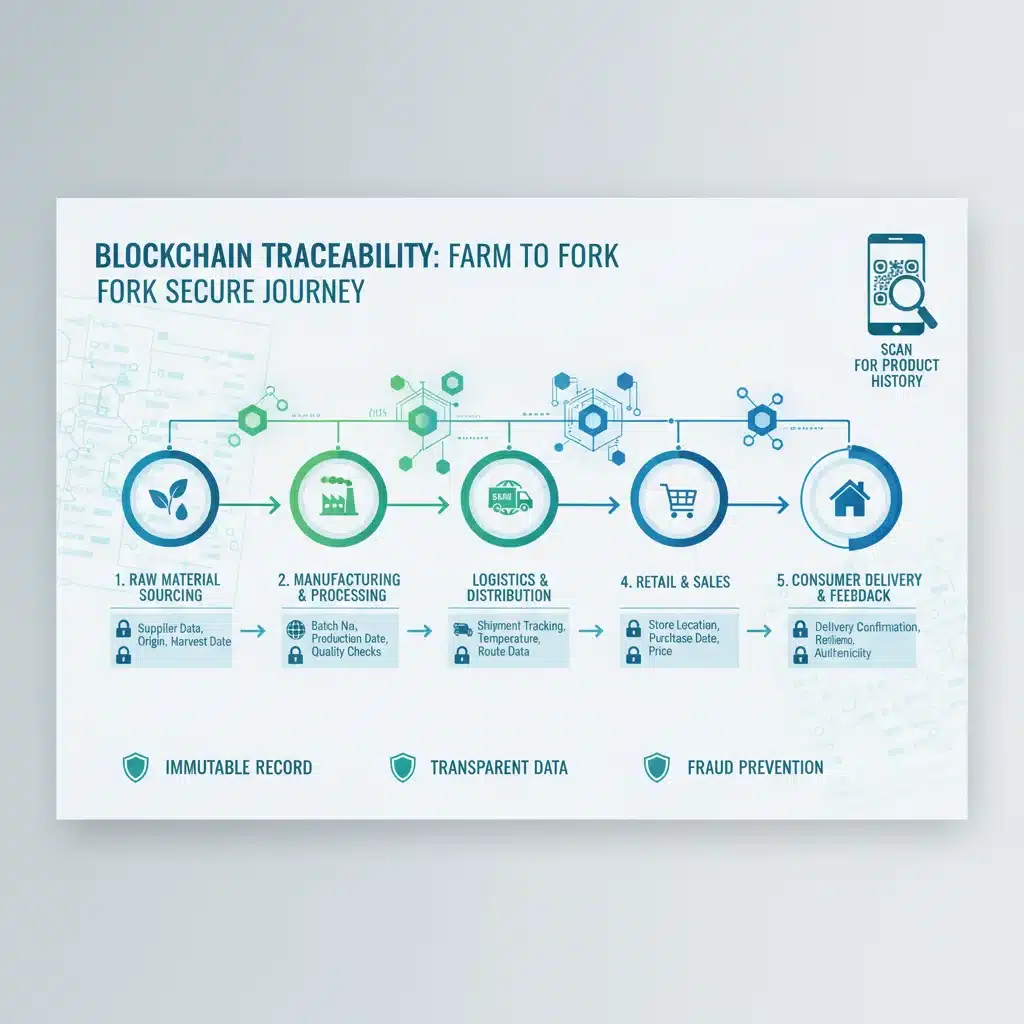 Infografía explicando el proceso de trazabilidad mejorada con blockchain en la cadena de suministro.
