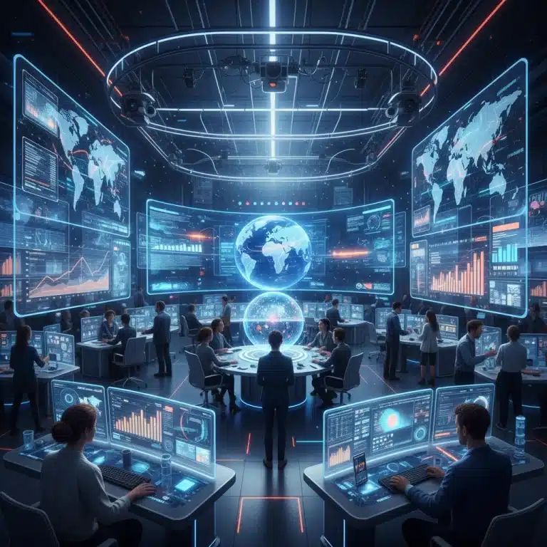 Periodistas analizando tendencias de consumo de noticias en una sala de redacción futurista con pantallas interactivas.