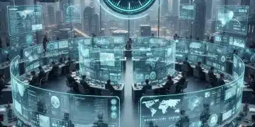Periodista interactuando con una interfaz de inteligencia artificial para análisis de datos en una sala de redacción futurista.