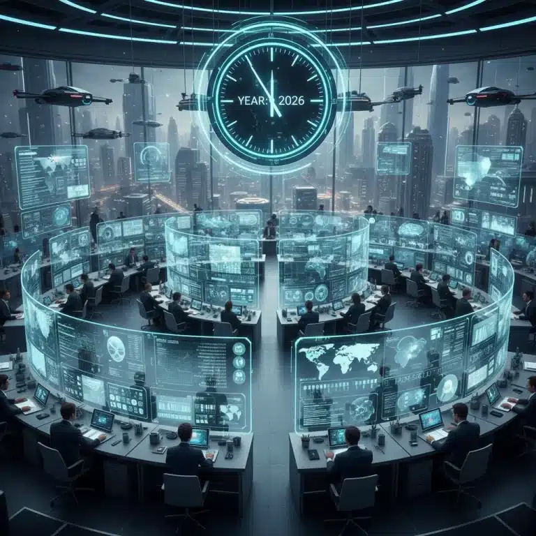 Periodista interactuando con una interfaz de inteligencia artificial para análisis de datos en una sala de redacción futurista.