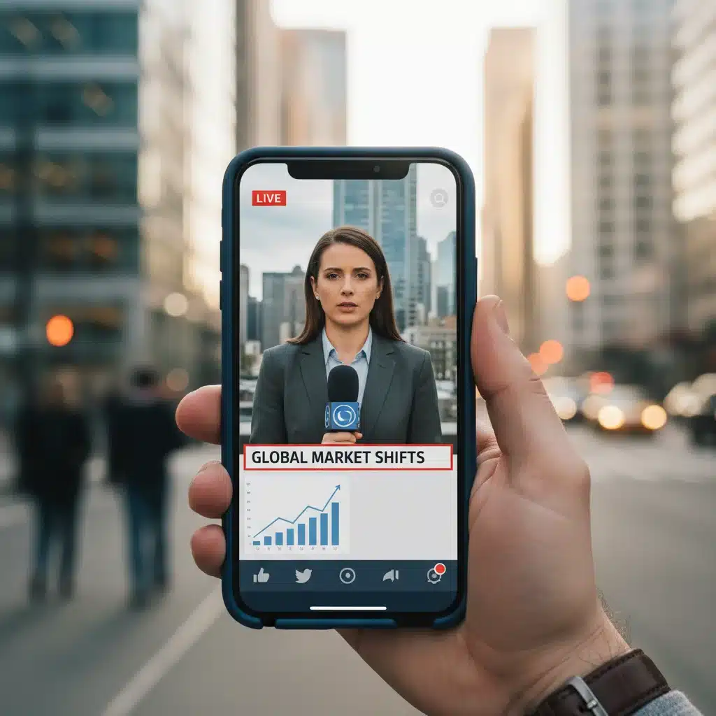 Persona viendo un reportaje de noticias en formato vídeo vertical en un smartphone en un entorno urbano.